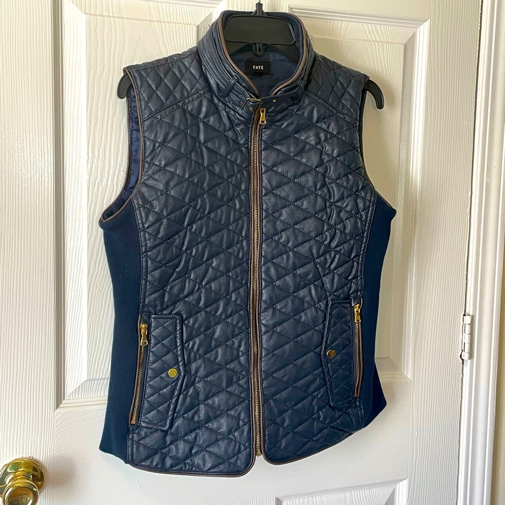 Fate leather-like vest jacket navy brown trim zip up stitching fun date sexy